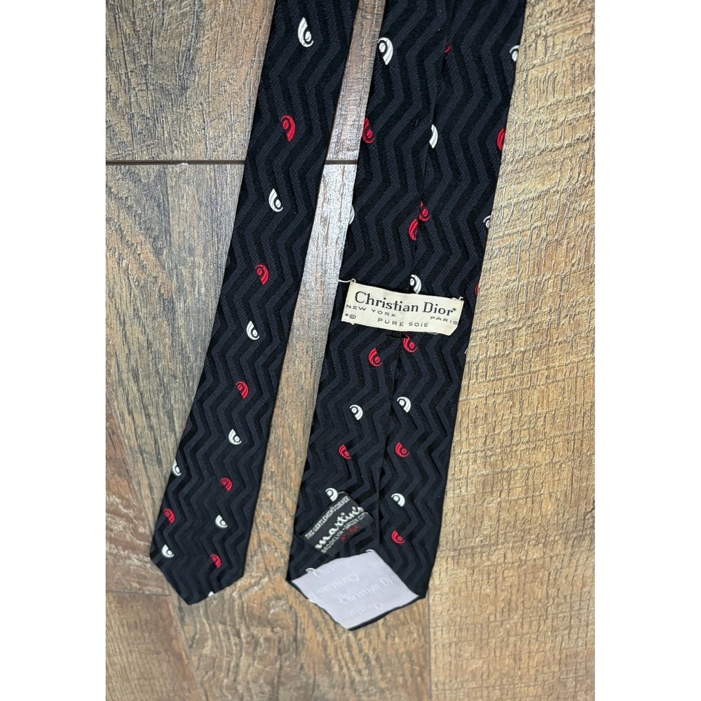 Vintage 60s 70s Christian Dior Pure Silk Tie Black 52" Short Designer Preppy - Picture 2 of 6
